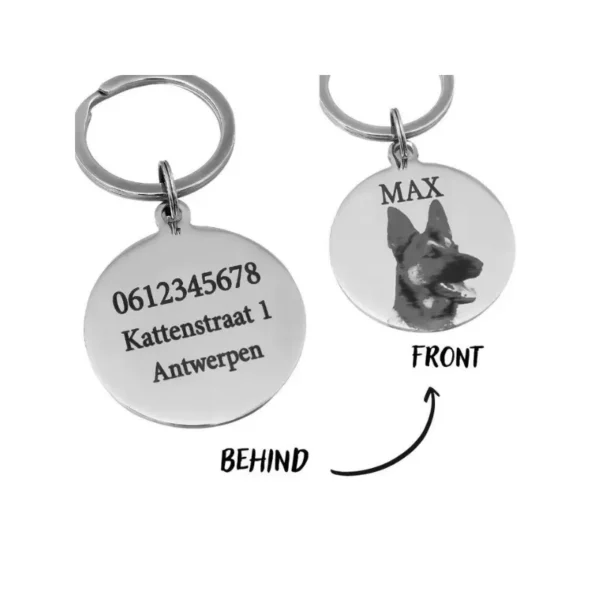 Penning met foto honden of katten met telefoonnummer graveren Gegraveerde penning met foto en naam huisdier en adres zilver