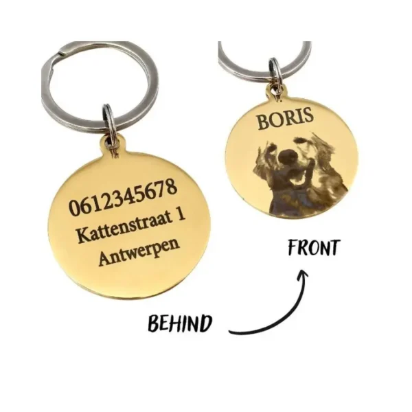 Hondenpenning met foto graveren Gegraveerde Penning voor honden en katten met naam en foto en adres goudkleurig