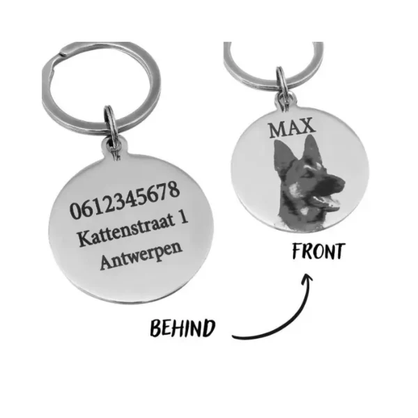 Hondenpenning met foto graveren Gegraveerde Penning voor honden en katten met naam en foto en adres zilverkleurig
